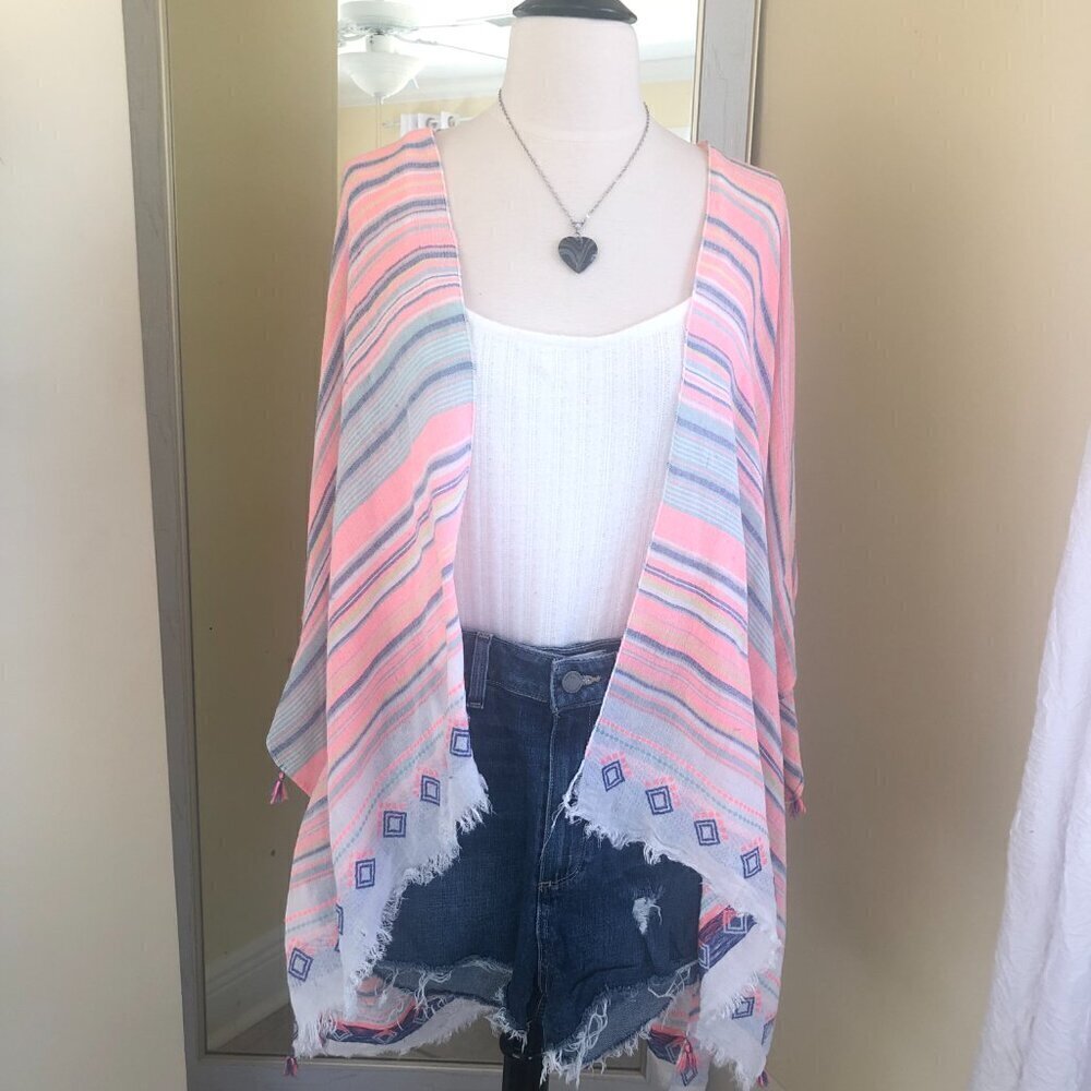 Open Pink Striped Kimono Top One Size Fringe Beachy Boho